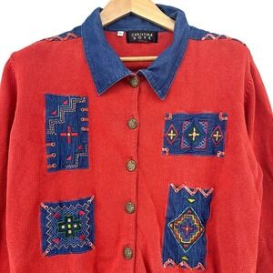 VTG Christina Hope Red Knit Denim Southwestern Patchwork Cardigan Sweater XL 90s